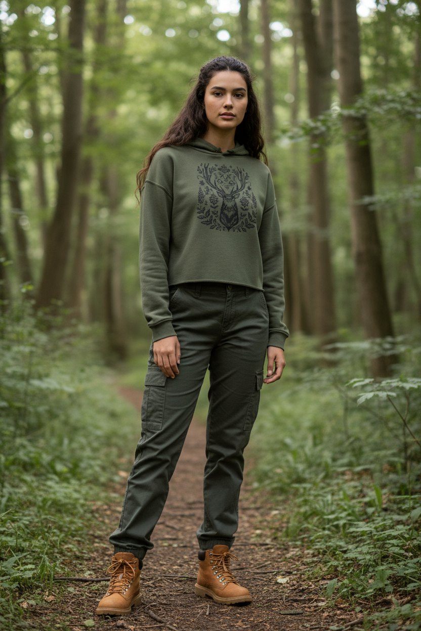 Deer Spirit Crop Hoodie - Military Green