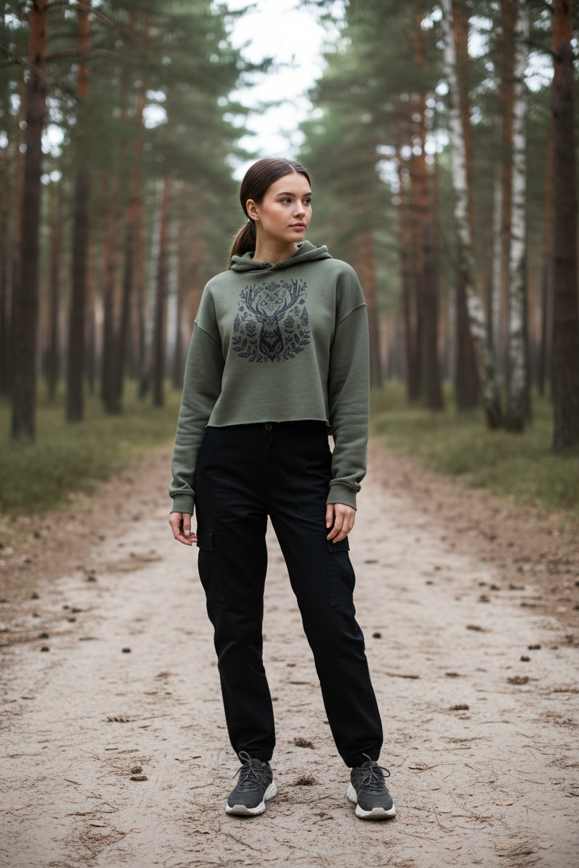 Deer Spirit Crop Hoodie - Storm