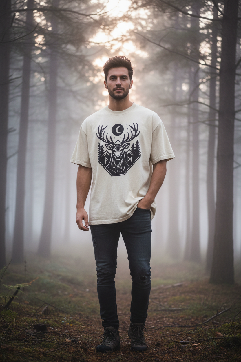 Deer T-shirt - mglisty las o świcie