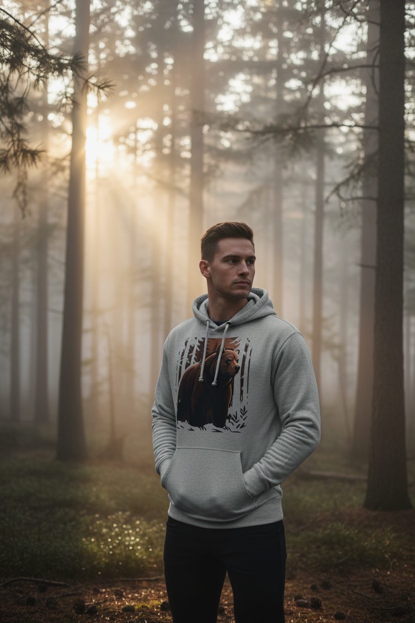 Forest Bear Hoodie - man in misty pine forest at dawn
