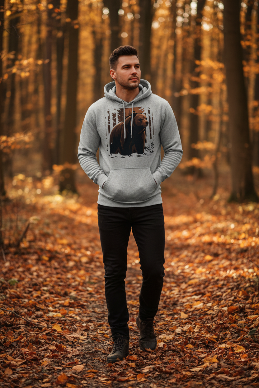 Forest Bear Hoodie - man walking through autumn forest