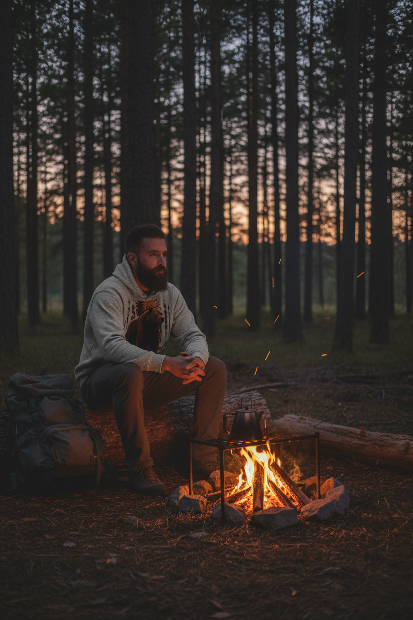 Forest Bear Hoodie - man by campfire in the woods