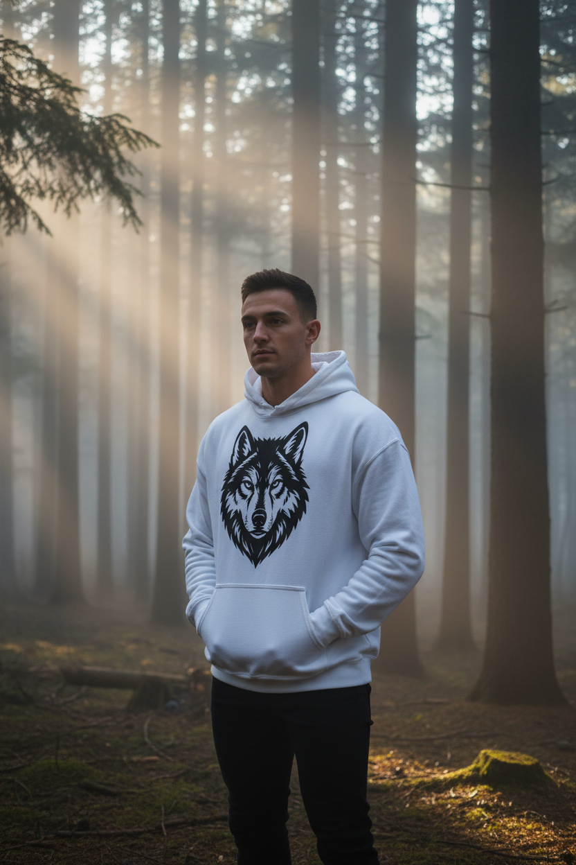Model w białej bluzie w lesie